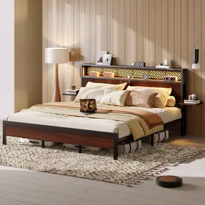 Bestier - Bed Frame with Headboard Foldable Shelves LED Lighting Charging Station Non-Slip Metal