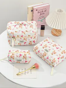 Floral Bear Pattern Makeup Bag, 1 Set Portable Cosmetic Storage Bag, Zipper Makeup Organizer Pouch, Versatile Storage Bag for Travel, Gym, Office, Home
