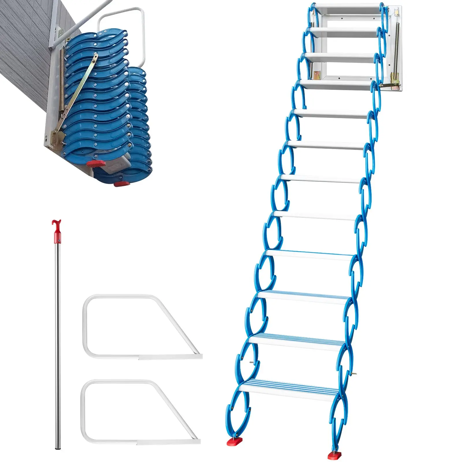 VEVOR Attic Steps Pull Down 12 Steps Attic Stairs, Alloy Attic Access Ladder, Blue Pulldown Attic Stairs, Wall-mounted Folding Stairs for Attic, Retractable Attic Ladder with Armrests, 9.8 feet Heigh