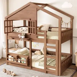 【Bellemave】Twin/ Full Size Bunk Bed/Loft Bed with Bookshelf, House Design, High-Quality Safety Fencing,White & Blue