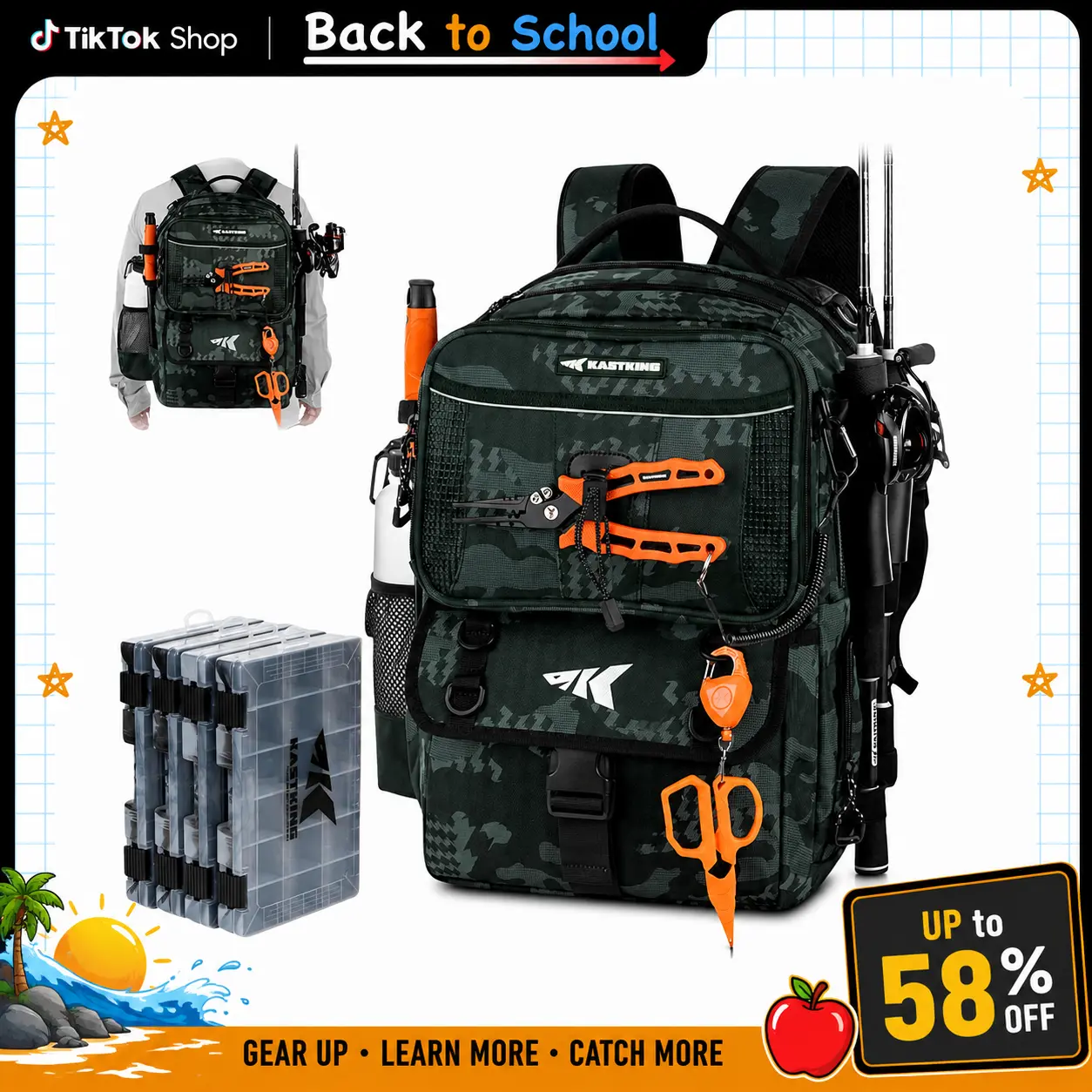 KastKing BaitSpace 50L Fishing Tackle Backpack with Removable Bait Binder & 4 Tackle Boxes, Rod Holders Storage Fishing Gear SummerVibes