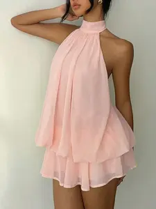 Elegant Women's Lace Halter Sleeveless Mini Dress, Womenswear, Perfect for Daily Dates, Honeymoon, Island Vacation, Beach Wear, Party, Valentine's Day, Ruched Halter Dress
