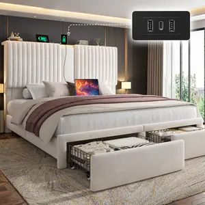 Raybee 51.3" Tall Velvet Bed Frame Queen Size , Modern Upholstered Bed Frame With Storage Headboard & 2 Drawers, Sturdy&Stable/No Box Spring Needed, Easy Assembly [Black Friday]