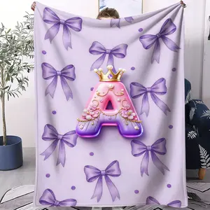 Princess Style Letter A-Z Flannel Sofa Bed Blanket, Light Purple, Decorative Letters, Bowknots & Polka Dots, Soft Smooth Thick Dense, Suitable for Bedroom, Living Room Use or As Gift