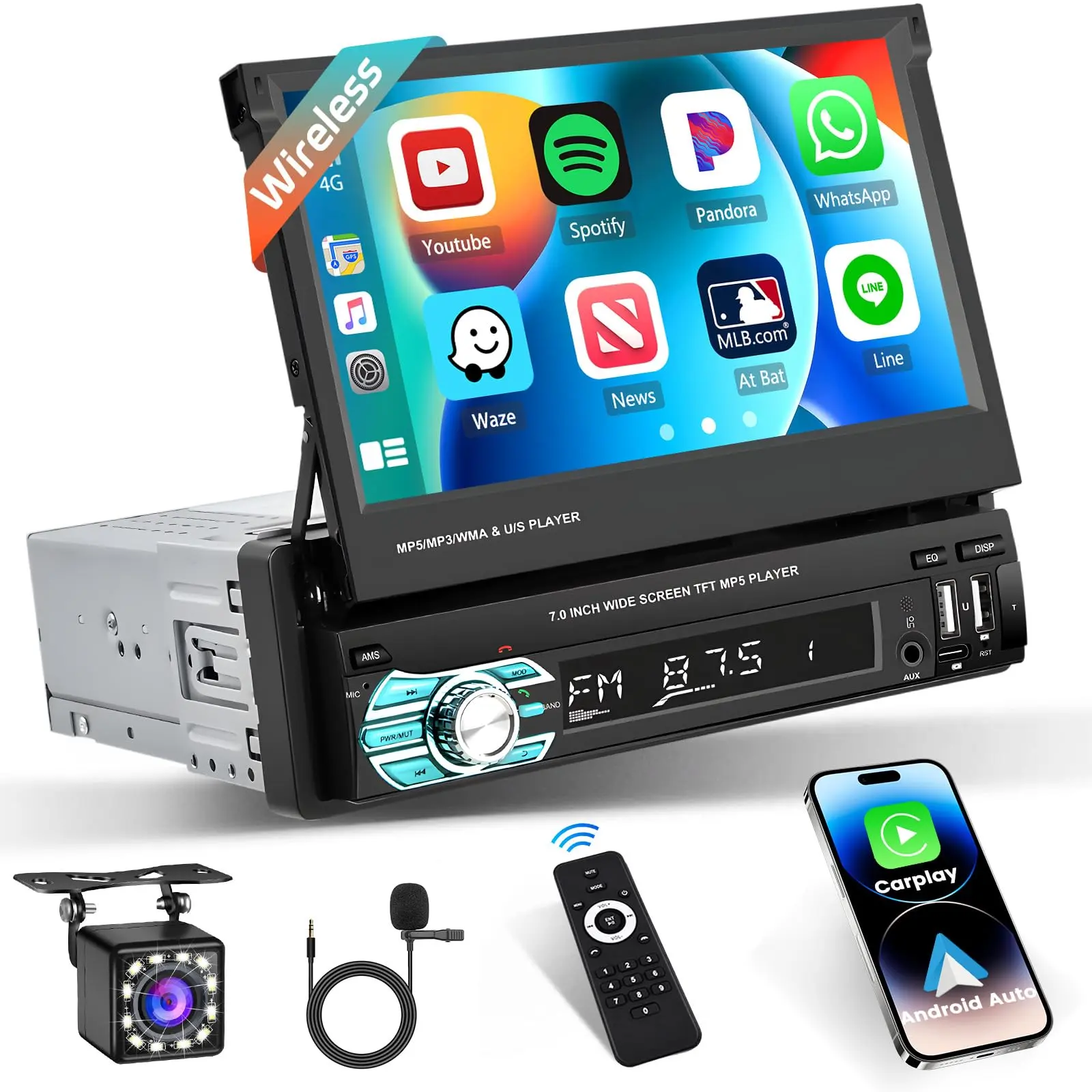 7-Inch Touchscreen Car Stereo, Single Din Flip Screen Unit with Wireless CarPlay, Android Auto, Bluetooth, SWC, USB, FM Radio, 1080p HD Backup Camera, Voice Assistant, Mic, Remote Control – Father's Day Gift