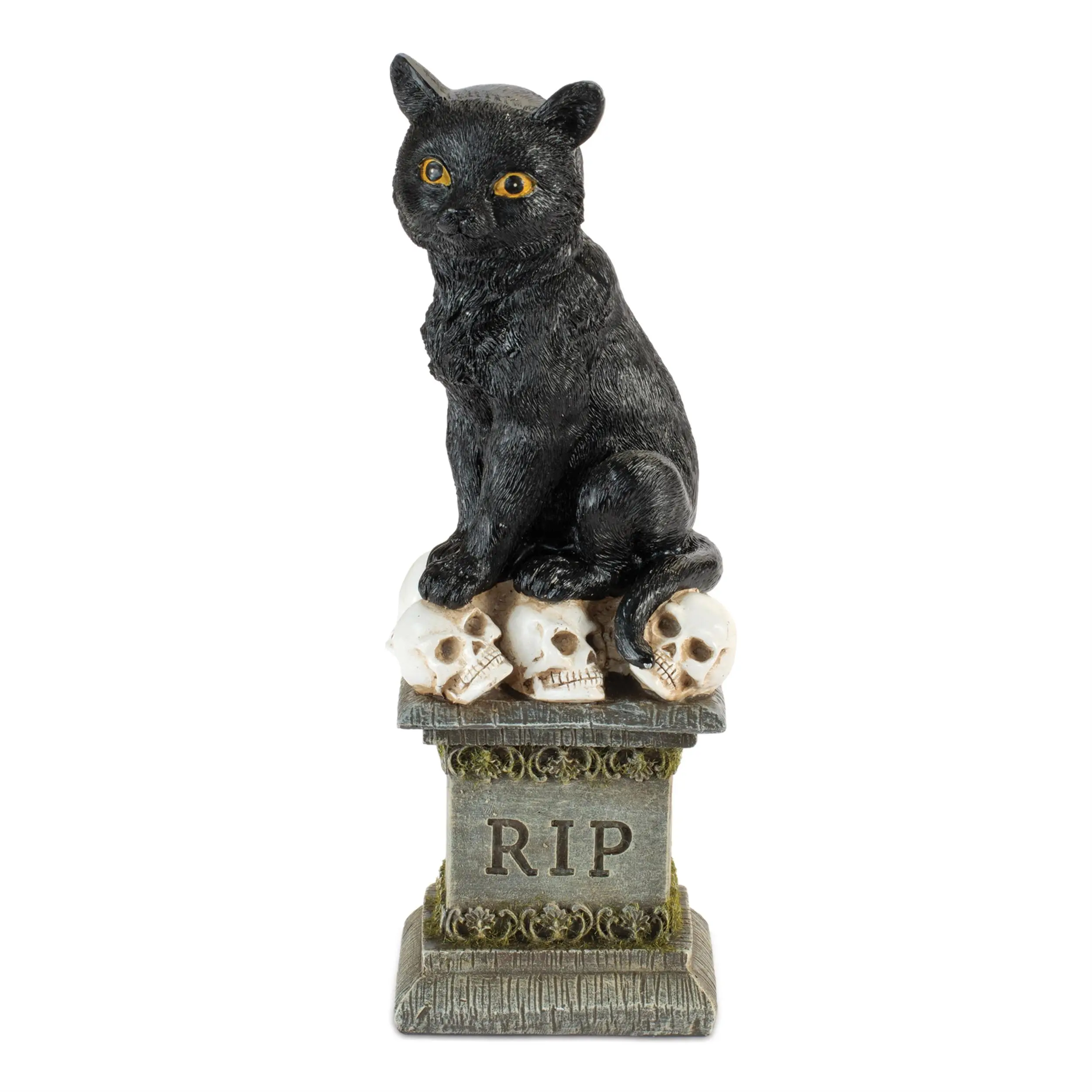 Cat on Tombstone with Skulls Halloween Figurine 8.5"H