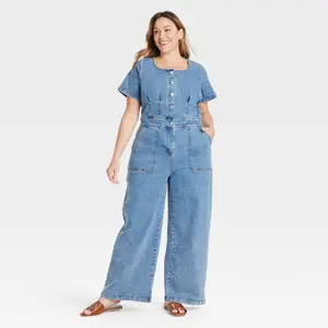 Women's Short Sleeve Button-Front Jumpsuit - Ava & Viv Medium Wash 26: Plus Size Denim, Scoopneck, Midweight Fabric
