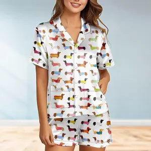 Doxie Martini Satin Sleepwear Women, Dachshund Dog Print Pajama Set, Breathable Short Sleeve Nightwear, Cute Gift for Animal Lovers