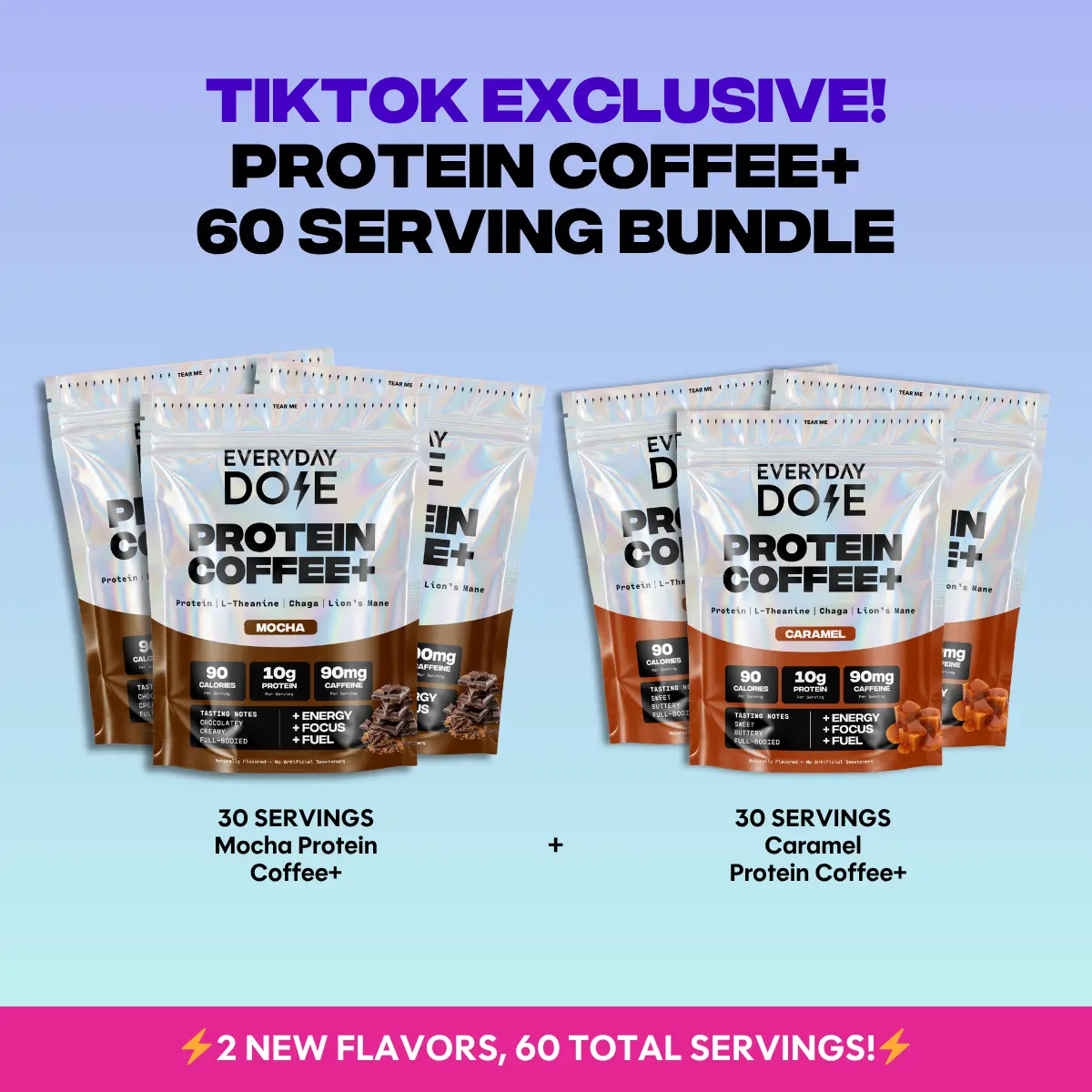 Everyday Dose Protein Coffee+ Bundle | Mocha & Caramel | 10g Protein, Lion's Mane, Chaga & L-Theanine | 60 Servings | TikTok Exclusive