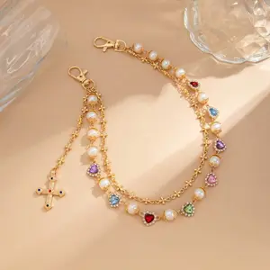 Fashion Layered Pants Wallet Chains - Exquisite Gold Silver Rhinestone Flower Pearl Jean Pocket Chain For Women Men Cute Bag Purse Charms Jewelry