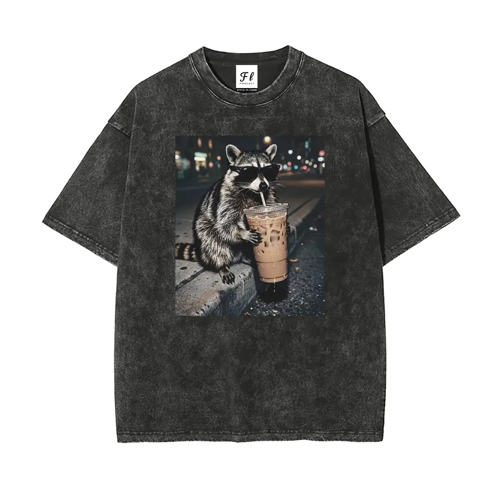 Men's Vintage Oversized Graphic Tshirt - Unisex Raccoon Iced Milk Tea Print, Short-Sleeve Round Neck, Stone-Wash Pre-Shrunk Cotton, Buttery Soft, Casual Streetwear Aesthetic, S-5XL Plus Size