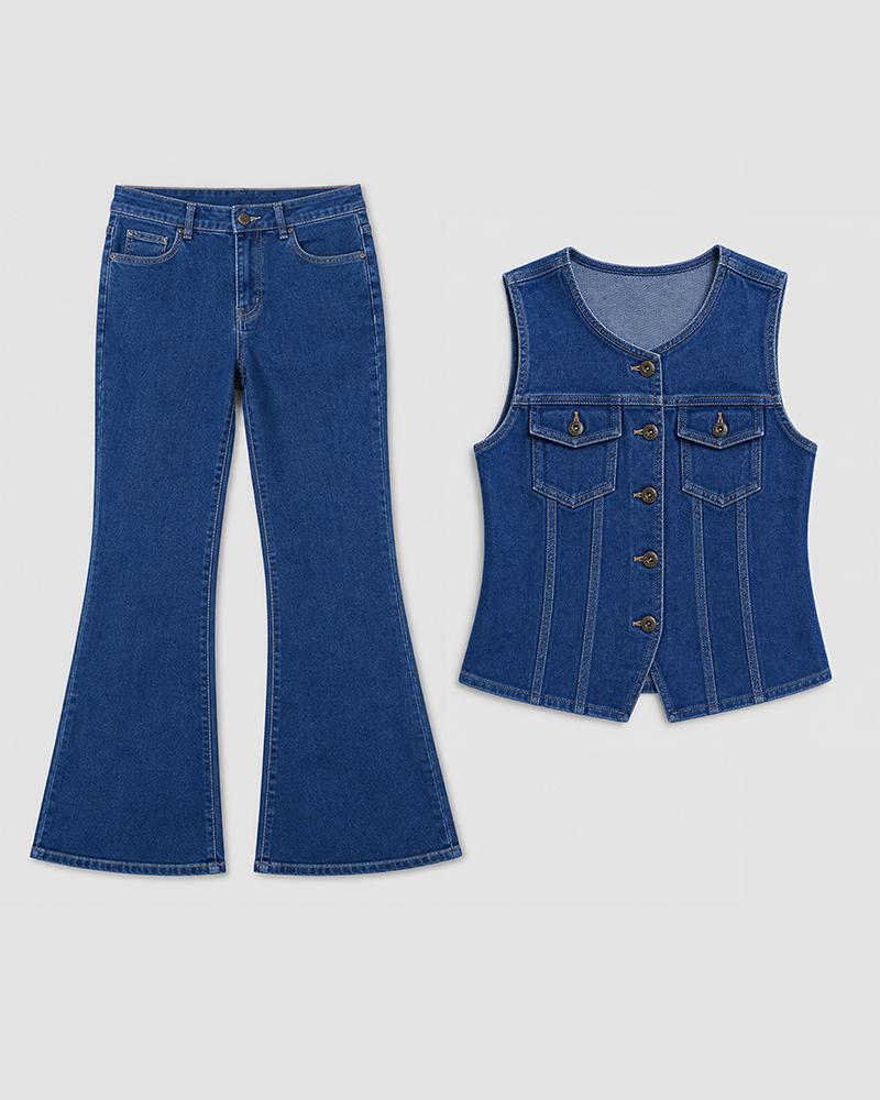 CHICME Women's 2 Pieces Outfit Sleeveless Button Front Flap Pockets Design Top and Zipper Fly Flared Pants Set Casual Contrast Stitching Denim Set