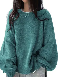 Women's Oversized Round Neck Knit Sweater, Comfortable Loose Fit Pullover, Soft Long Lantern Sleeves, Casual Pure Color Winter Fall Jacket, Knitwear, Gifts For Women