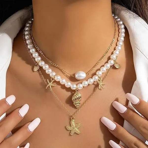 GleamJoy S Seashell Necklace Layered Charm Starfish Necklace Stack Beach Wear for Women Boho Summer Accessories 14k Pearl Chain Surfer Jewelry Beachy Boho Outfits