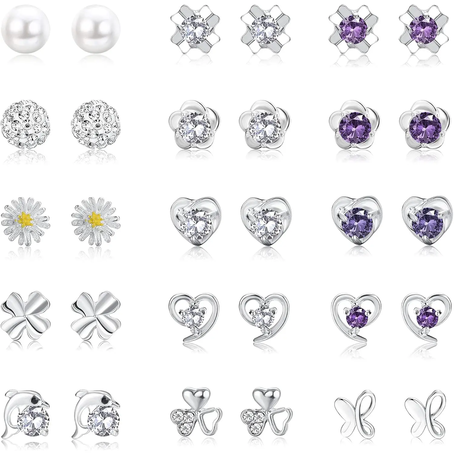 15 Pairs Silver Earrings for Women, Hypoallergenic 925 Sterling Silver Earrings Set for Girls, Cute Small Pearl, Crystal, Round, Heart, Flower, Butterfly & Cubic Zirconia Stud Earrings