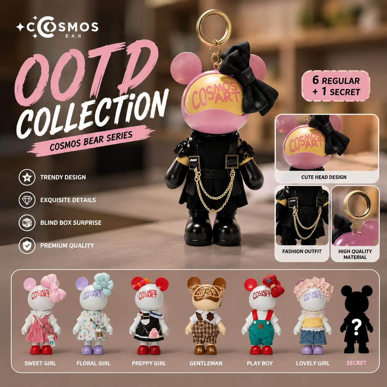 COSMOS Bear Fashion Blind Box Collectible Figure-Stylish Streetwear DollDisplay, Kawaii Surprise Toy Gift for Women Teens &Collectors