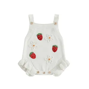Baby Girl Knit Romper Crochet Flower Strawberry Sleeveless Square Neck Jumpsuit Sweater Bodysuit