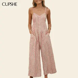 CUPSHE Striped V-Neck Wide Leg Jumpsuit | Effortless Coastal Grandma Style Summer Sleeveless Wideleg  Overalls | Flowy Boho Beach Cover Up & Daily Casual Womenswear Beachwear #SummerVibes