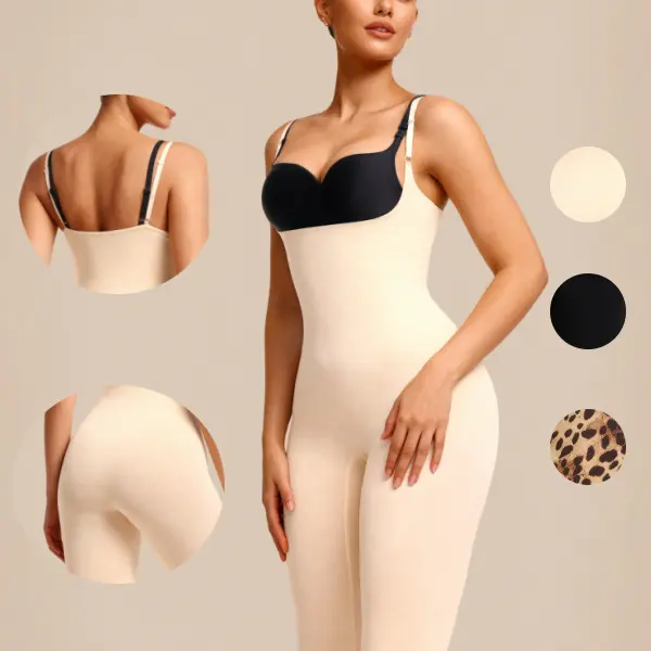 ChicCurve Seamless Body Legging - Fresh & Light with Mid-High Compression - Open Bust Design - Adjustable Straps - Basic Minimalist Shapewear for Women'swear - Black & Plain