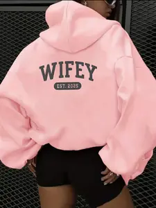 Women's Casual Fashion Fitted Hoodie Sweatshirts Wifey Letter Print Kangaroo Pocket Drawstring, Daily Wear, Fall & Winter, Stylish Women's Clothing