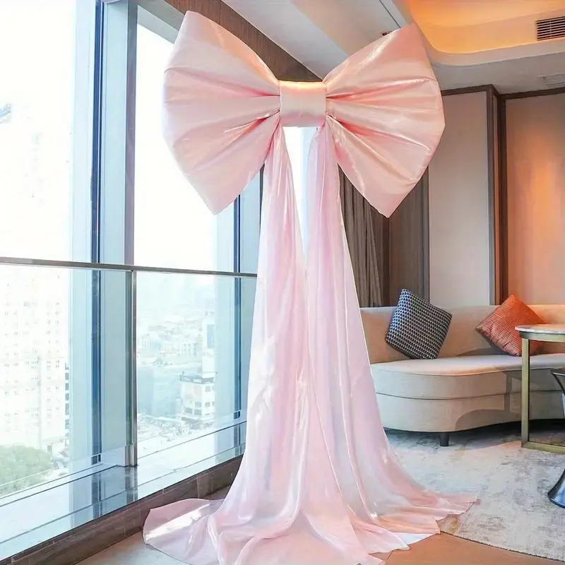 [Elegant Giant Pink Bow] 1pc Giant Pink Bow Party Decoration Supplies, Party Favor | 13.1Ft Ice Brocade Skirt Tail, Polyester Hanging Accessory for Weddings & Celebrations, No Electricity Needed, Holiday Event Decor