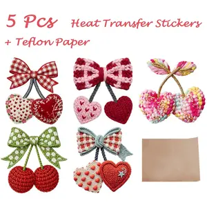 6-Piece Embroidery Cherry Patch Set, Floral Embroidery Design, DTF Transfer & Ptfe Paper Included, Ideal for T-Shirts Hoodies Bags Pillows DIY Crafts, Embroidered Design