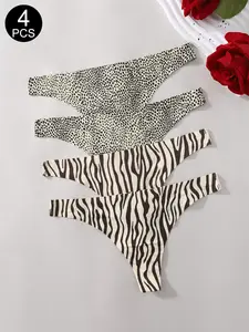 4PCS  Seamless Zebra Print Sexy Women's Thongs, Fitted Animal Pattern Underwear, Casual All Seasons Lingerie Panties