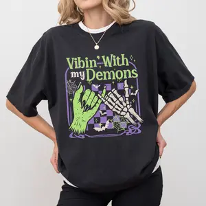 ChicCotton Vibin’ With My Demons Comfort Colors Shirt, Funny Spooky Season T-shirt, Spooky Vibes Graphic Tee, Halloween Clothing