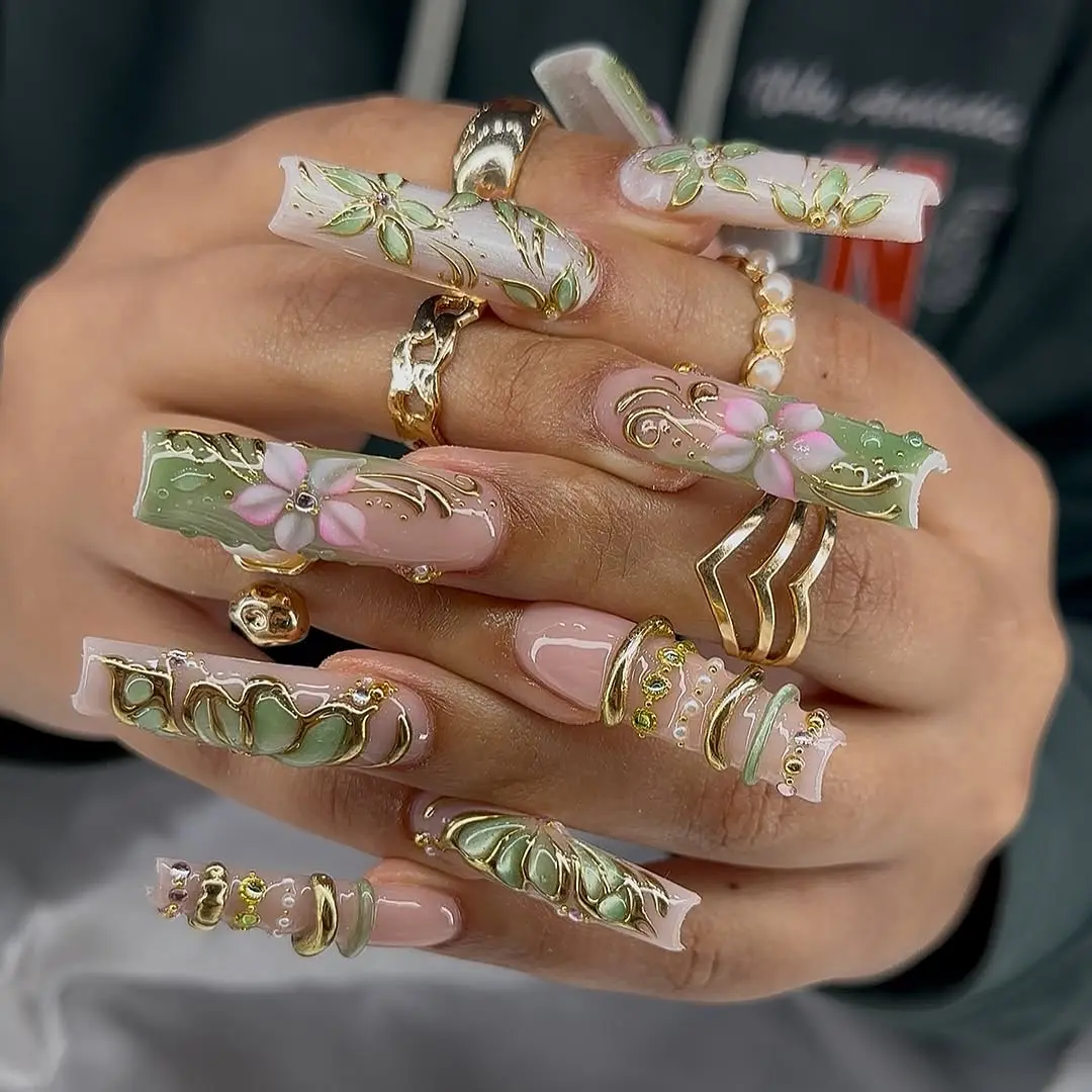 Nails By Helen | Luxury Jade Blossom Press On Nails  Green Gold 3D Flower Long Coffin Fake Nails Reusable