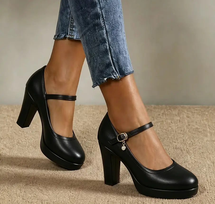 Black Mary Jane high heels with chunky heel, soft leather single buckle commuter pumps, elegant black Mary Jane high heels, versatile commuter office work shoes rounded toe