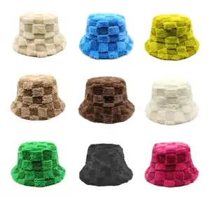 chessboard bucket hat autumn and winter versatile unisex hat plush hat waist basin hat