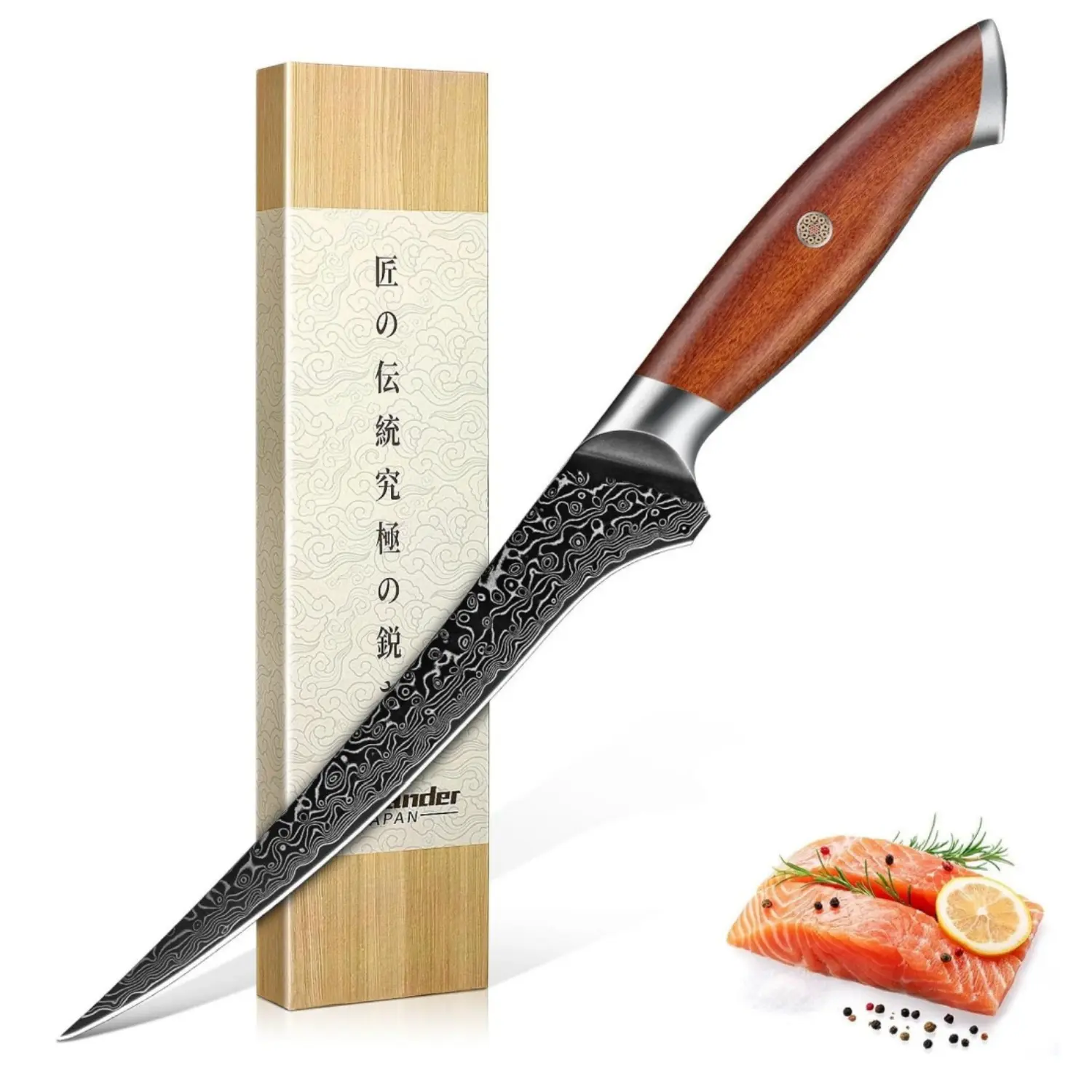 Freelander Damascus Fillet Knife with Wood Handle for Fish, Meat & Poultry | Well‑Sharpened 7" Filet Knife with Comfortable Grip, Mosaic Pin Design, Ideal for Skinning, Deboning & Slicing, Gifts for Men
