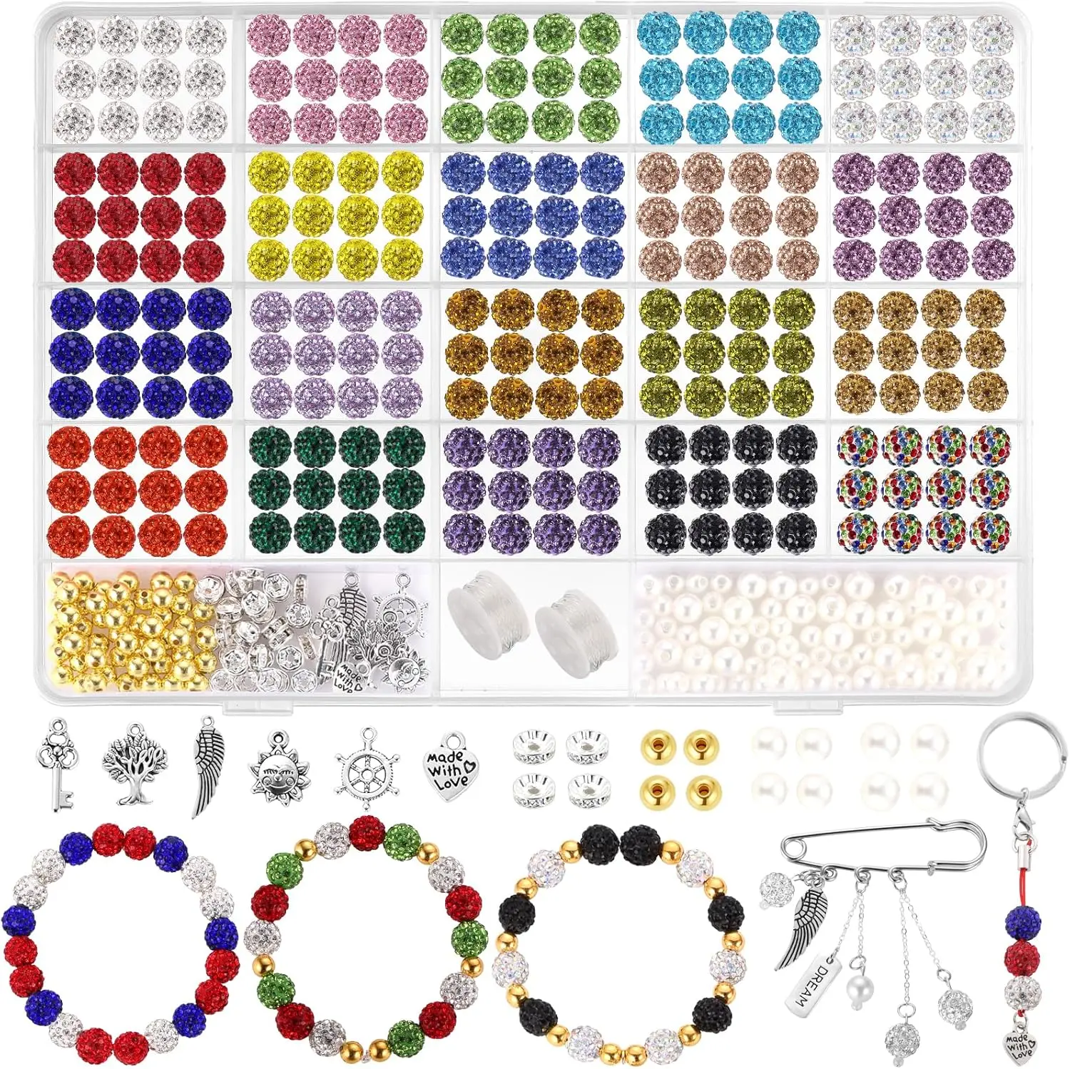 Funtopia Rhinestone Beads 10mm, 408counts Disco Ball Beads Set for Jewelry Making, Funtopia Sparkle Crystal Clay Beads, Colorful Bling Beads with Charms Spacer Beads for Bracelet Necklace Earring Crafting