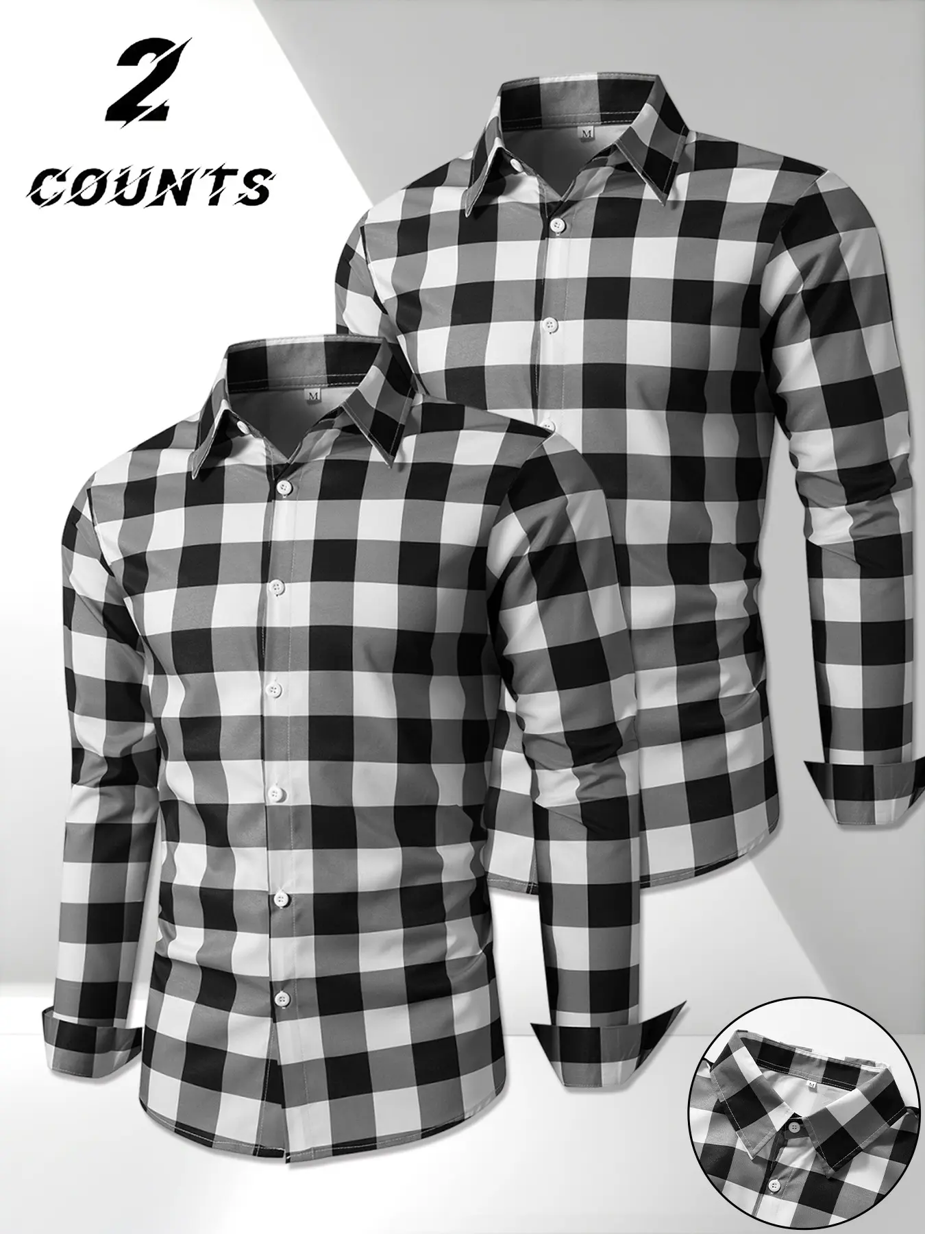 Men's 2-Pack Long Sleeve Plaid Shirt, Random Pattern, Button Front, Casual Fitted Design, Spring & Fall Wear, Daily Commute or Outing