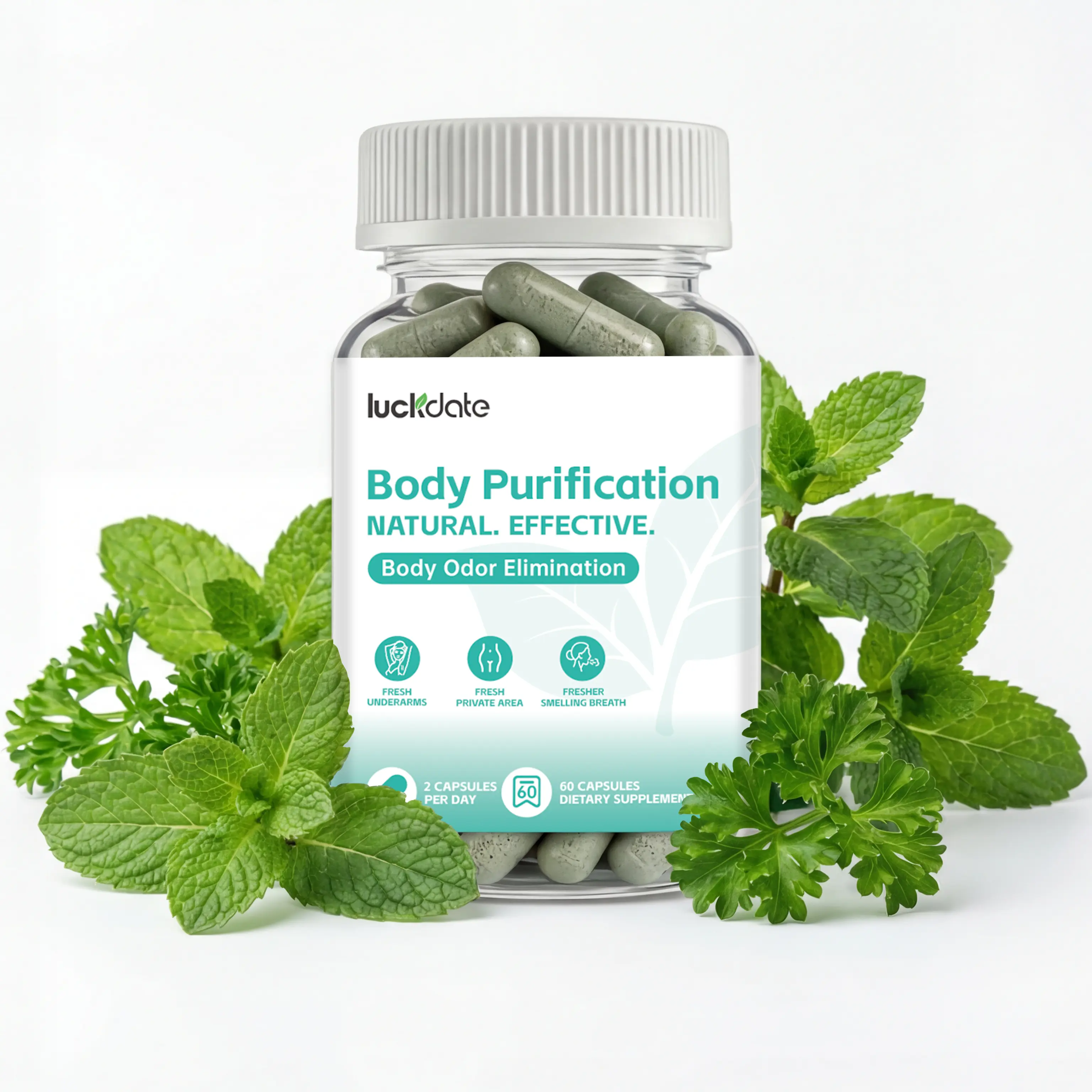 LuckDate Organic Chlorophyll Dietary Supplement Capsules, Botanical Internal Deodorant for Odor & Breath Support, Gut & Skin Support Blended Vitamins & Minerals with Parsley & Mint, 60 Count