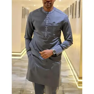 2-piece Men's Long Sleeve Geometric Pattern Dashiki & Solid Drawstring Pants Set Traditional Suit Outfit