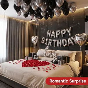 574pcs Silver and Black Decorative Balloons; Includes 500 pieces of artificial petals / Silver heart-shaped balloons. These balloons are perfect for male birthday parties and girls' birthday celebrations.