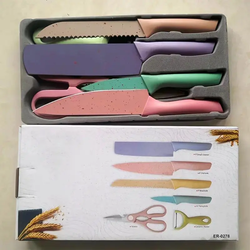 6 Pack Rainbow knife set with Ergonomic handle and Non-stick & Easy to clean For Kitchen Household Block Kitchen Knives Knife Block