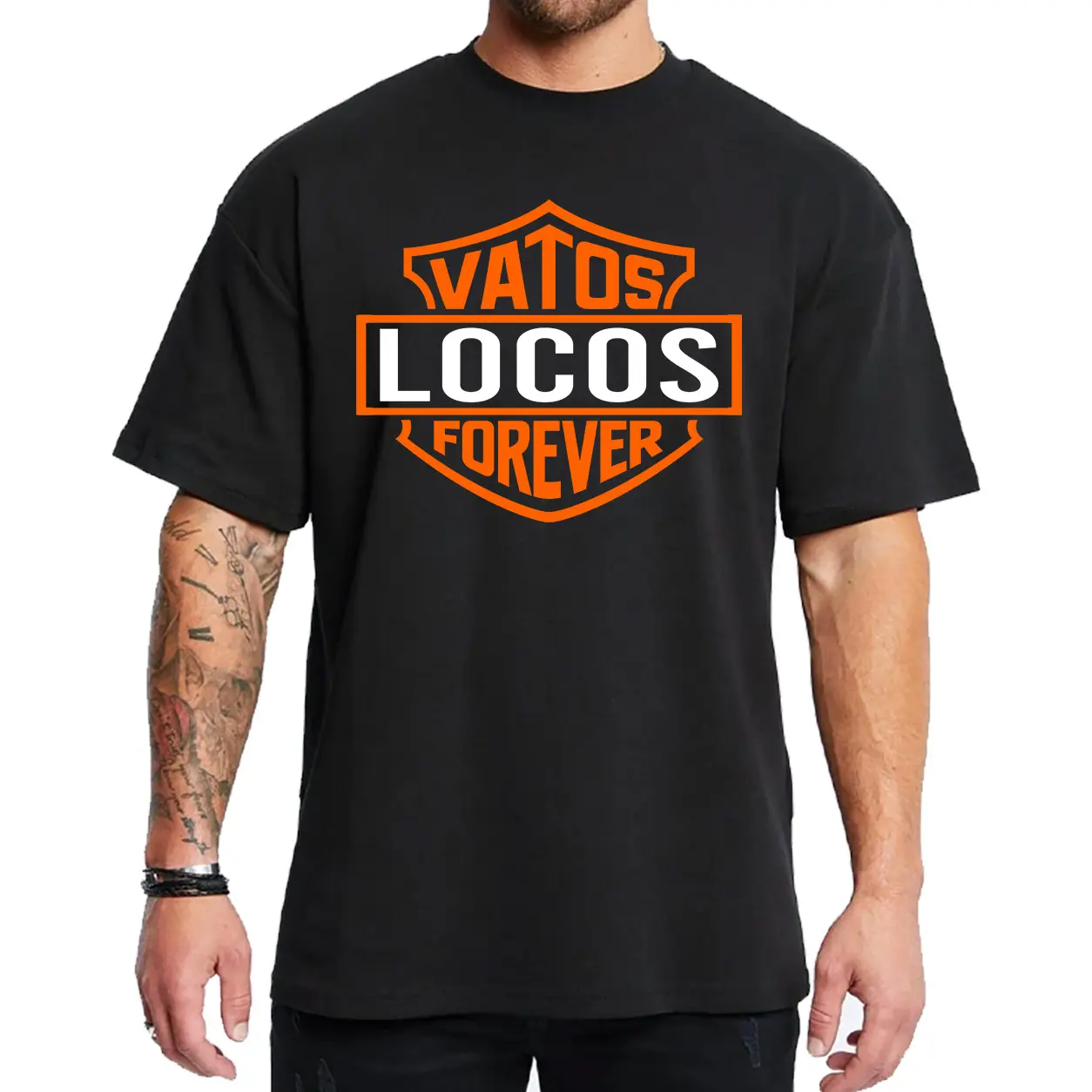 Men's Vatos Locos Forever Logo Top - Orange 1-Side Chicano Original Gangster Style Typo Graphic, Medium-Heavy Fabric Unisex Hoodie for Men & Women