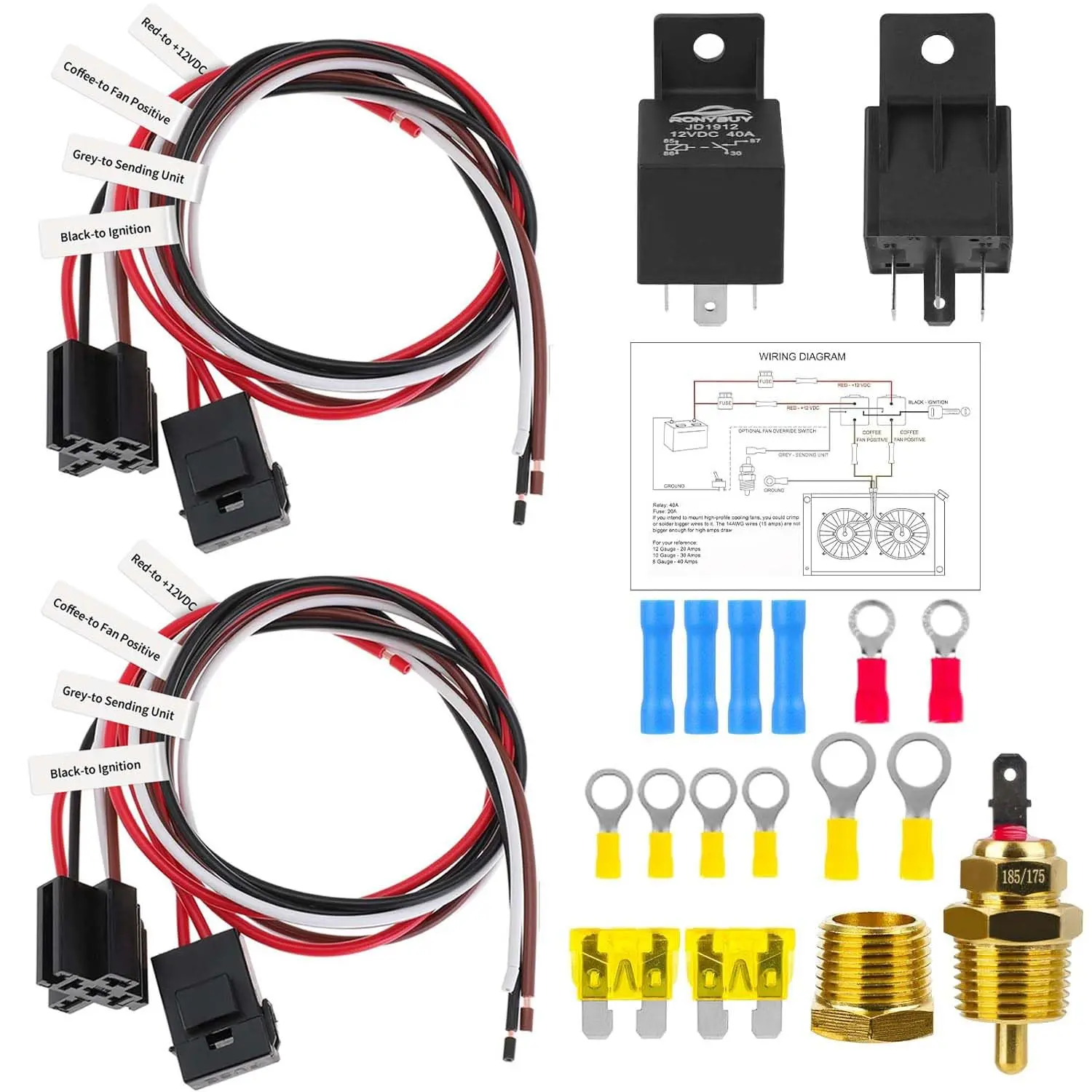 Dual Electric Fan Relay Kit 40 AMP Automotive Relay Thermostat Switch Kit for Radiators Fans Temperature Sensor Switch 185 On 175 Off, 12V Electric Cooling Radiator Fan Relay Switch Wiring Kit