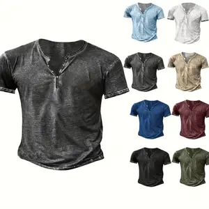 Men's Slim Fit Distressed Henley Shirt - Button-Up V-Neck Placket T-Shirt, Athletic Casual for Gym, Everyday & Formal Wear Machine Washable in Olive Green, Black, Blue, Burgundy Non-Transparent Fabric, Gym Shirts shirt