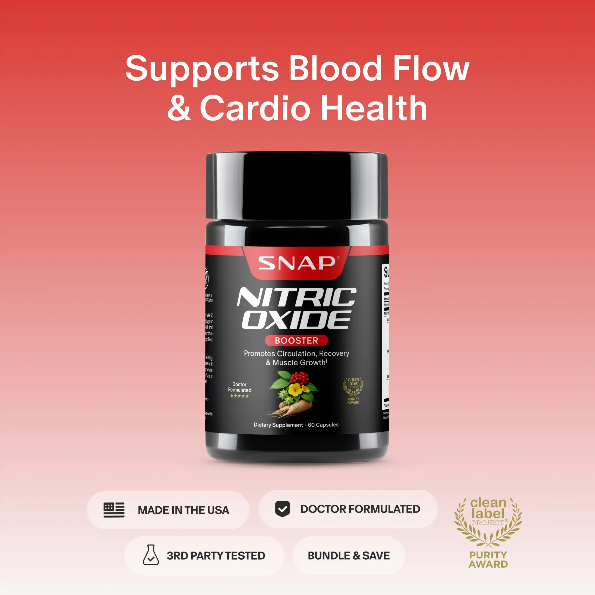 Snap Supplements - Nitric Oxide Booster - Support Healthy Blood Circulation -  Nitric Oxide Supplement for Men and Women - 3rd party tested - 60 count