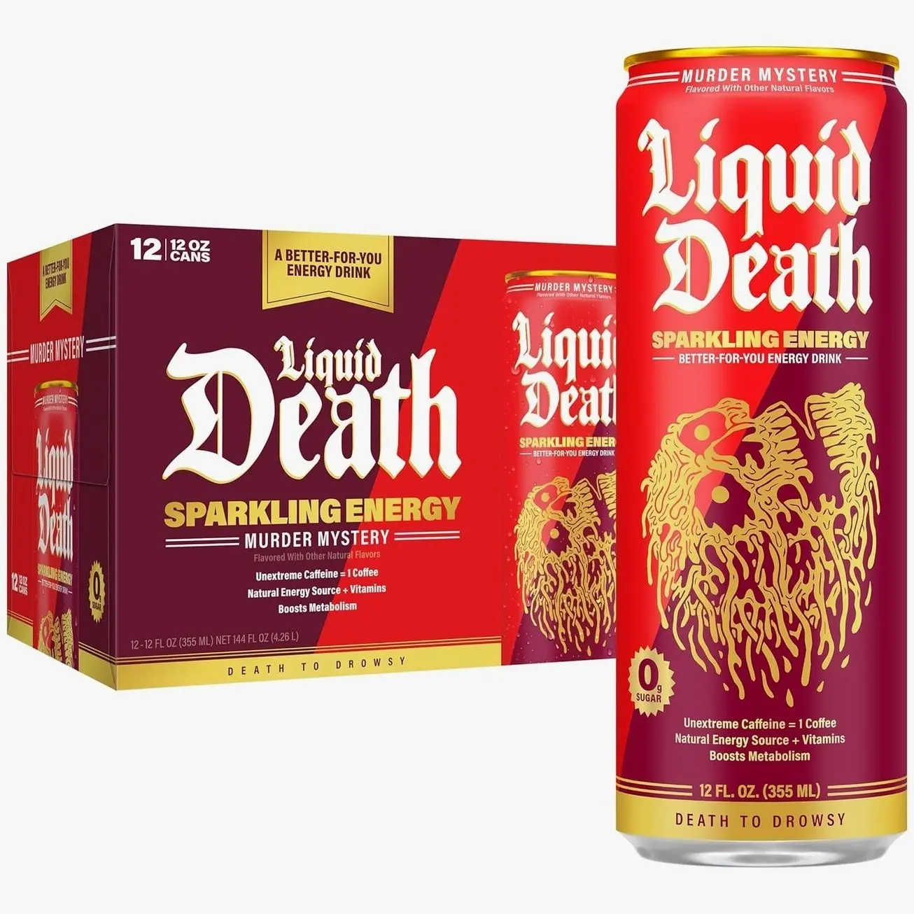 Liquid Death Sparkling Energy - Murder Mystery (Cherry, Cream, Spice), Zero Sugar Energy Drink, Unextreme Caffeine 100mg, Essential Vitamins, 12 Fl Oz (Pack of 12)