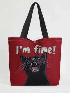 Cat Pattern Printed Casual Storage Bag, Night Scene, Fashionable and Trendy, Suitable for Daily Shopping, Office, and Various Occasions, Tote Shoulder Bags
