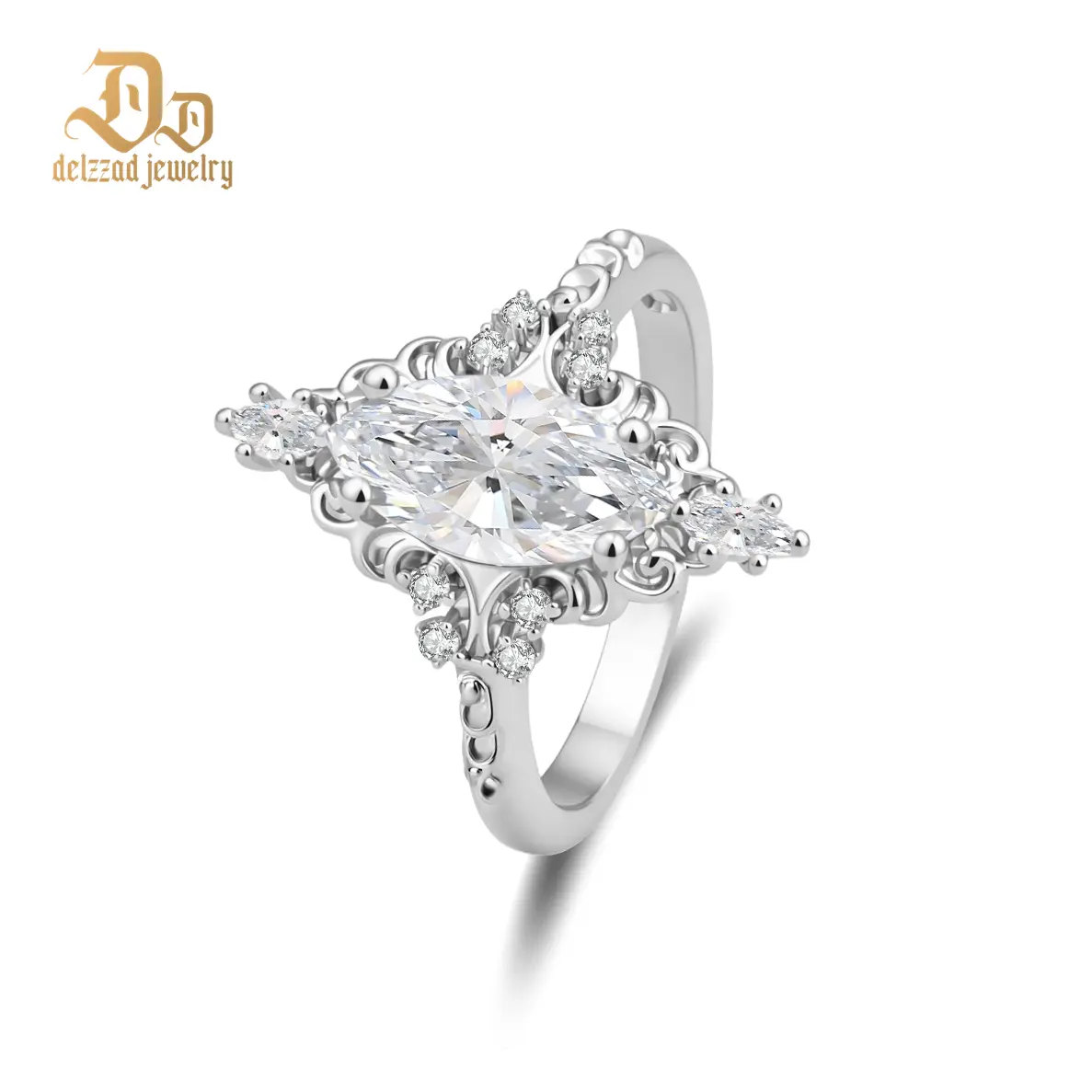Delzzad 14K Gold-Plated 2.3ct The Versailles Marquise Ring Whispering Scrolls Band Ring VVS Synthetic Moissanite Ring Jewelry Copper Band Perfect Birthday Engagement Wedding Anniversary Christmas Valentine's Day Mother's Day Gift