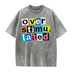 Women's Oversized Casual Graphic T-Shirt - "Overstimulated" Print Short Sleeve Summer Top, Black with White Lettering, Breathable Round Neck Tee for Casual Attire, Ladies T Shirts, Comfortable Tee, Relaxed Fit Shirt, Machine Washable Shirt