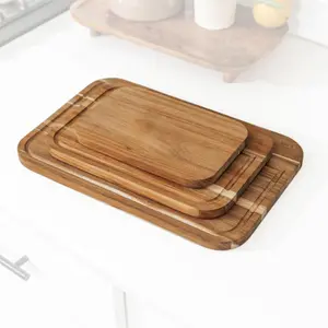 Premium Acacia Wood Cutting Board Set of 3, Juice Groove and Non-Slip Feet, Thick Wood Trays for cheese, vegetables, meat, fruit, Heavy Duty Construction, Pre Oiled (9x6, 12x8, 15x10 inch)