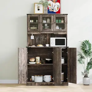 Garvee Farmhouse Pantry Cabinet with Charging Station, Freestanding Kitchen Pantry Cabinet with Acrylic Doors, Microwave Stand and Adjustable Shelf, Coffee Bar Cupboard  with Countertop Brown