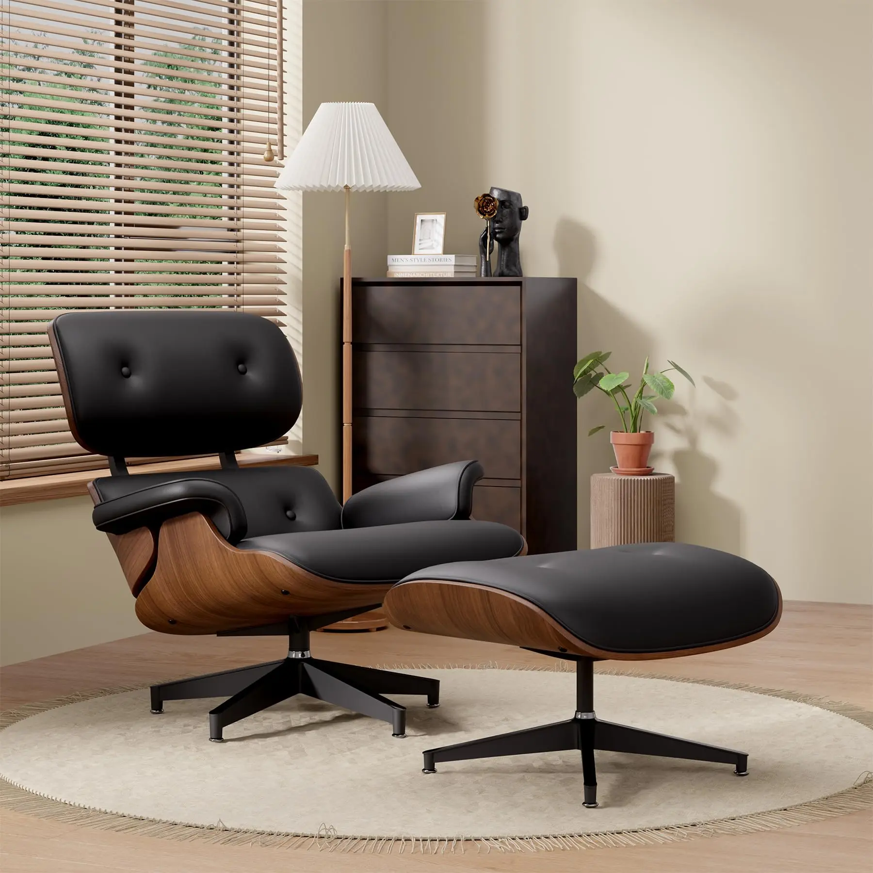 Swivel Chair with Ottoman, Top PU Modern Lounge Chair, Wide Armrest, Comfy Accent Sofa Chair for Bedroom, Living Room, Read, Nap,  Easy Assembly
