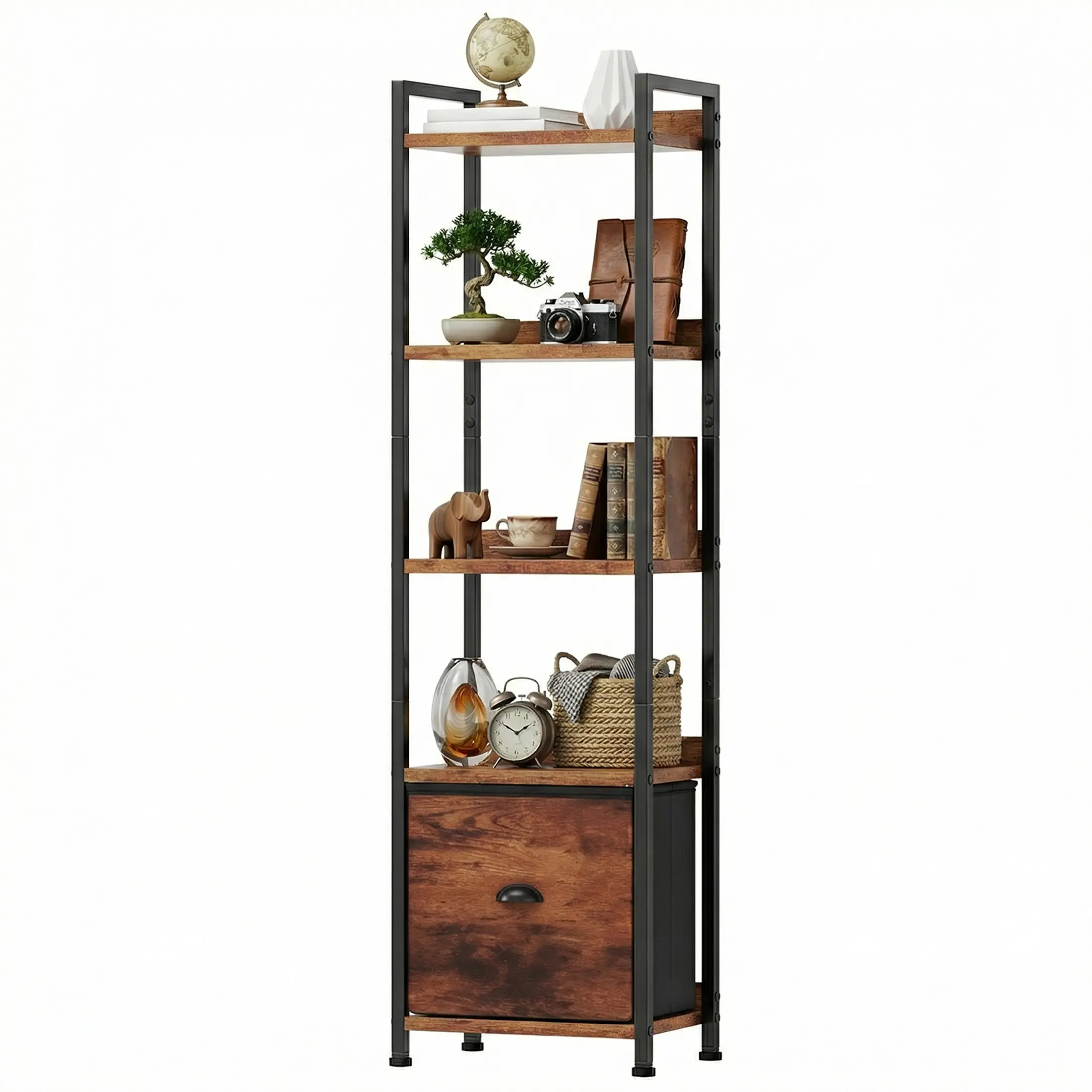 Sweetcrispy Slim Bookshelf with Fabric Drawer, Tall Narrow Wood & Metal Storage Shelf Unit, Space Saving Bookcase for Living Room, Bedroom, Office